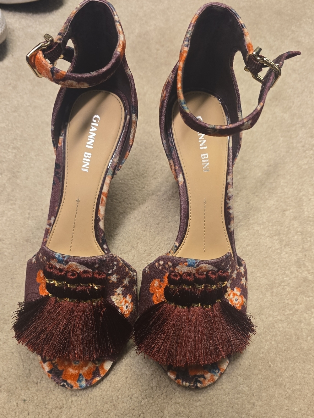 Gianni Bini Plum Floral Tassel Ankle-Strap Heels